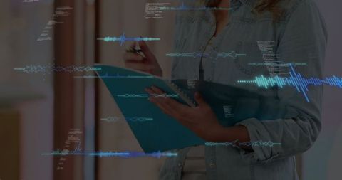 Teen Girl Analyzing Digital Data with Clipboard and Code Overlay