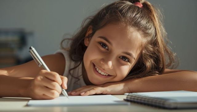 Preteen girl smiling and writing at desk with pen and notebook studying at home