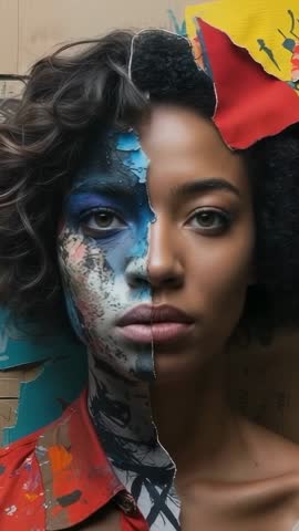 Vertical video revealing split-face mixed-media portrait blending painted collage with bare skin