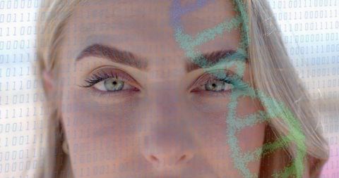 Gazing Blonde Woman with Binary Code and Green Digital Map Overlay, Closeup Eyes Tech Portrait