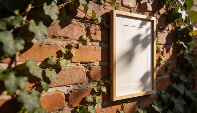 Sunlit wooden frame on rustic brick wall with ivy shadows and blank mat mockup