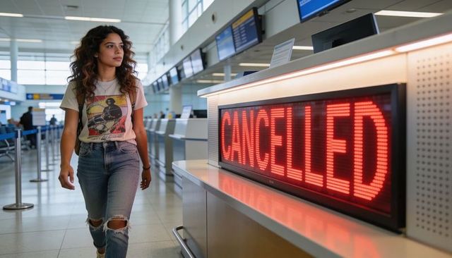Young woman walking through airport terminal with cancelled flight display and backpack
