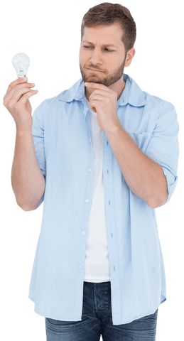 Thoughtful Man Pondering Idea While Holding Transparent Light Bulb - Download Free Stock Videos Pikwizard.com