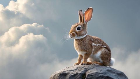 Brown and white cottontail rabbit perching on rocky outcrop against dramatic sky