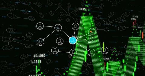 Digital network connecting data nodes with green candlesticks