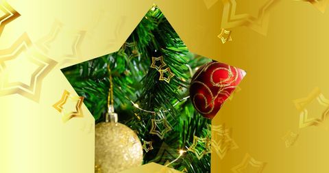 Festive Christmas Tree with Gold and Red Baubles in Star Design