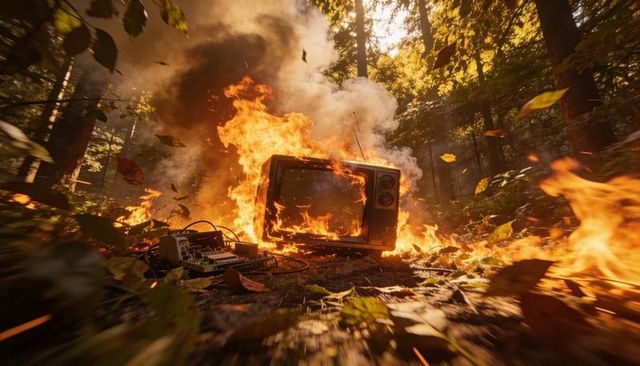 Burning retro crt television in sunlit forest with scorched electronics and mixer, cinematic