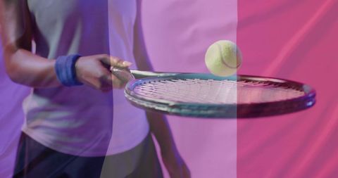 Female Athlete Holding Tennis Racket with French Flag Overlay