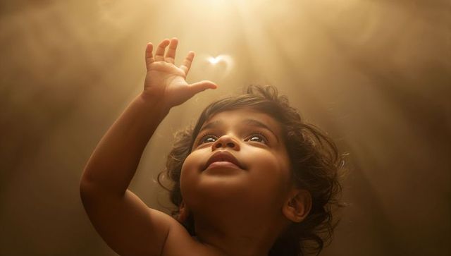 Indian toddler reaching toward heart-shaped light with golden rays and soft halo, studio portrait