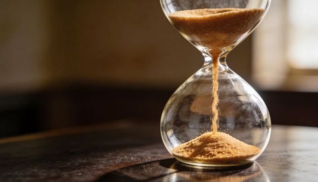 Hourglass pouring amber sand on wooden table, warm window light highlighting dust and grain