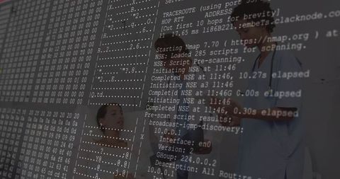 Doctor Discussing Scan Results in Modern Healthcare Setting with Nmap Firewall Overlay