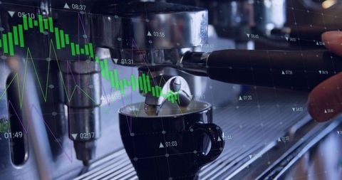 Pouring espresso crema into cup with stock market charts overlay on coffee machine