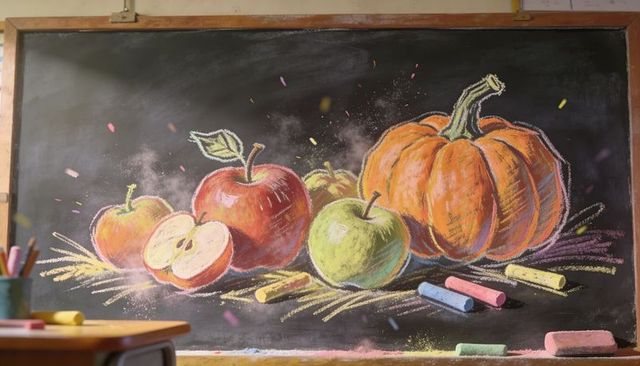 Chalkboard still-life displaying autumn pumpkin and apples with colorful chalk pastels