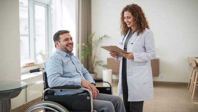 Female doctor consulting smiling male patient in wheelchair during clinic visit