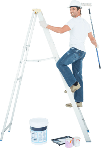 man smiling painting with roller on ladder transparent background - Download Free Stock Videos Pikwizard.com