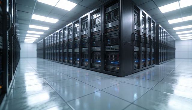 Futuristic data center server racks with led indicators and reflective floor perspective