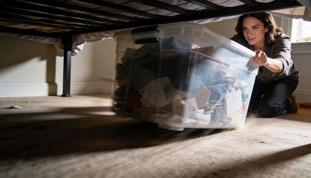 Kneeling woman pulling clear storage bin from under bed showing home decluttering motion
