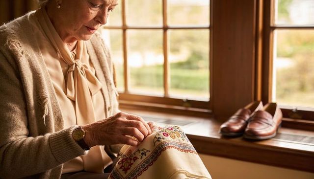 Senior woman sewing floral embroidery by sunlit wooden window mending textile craft at home