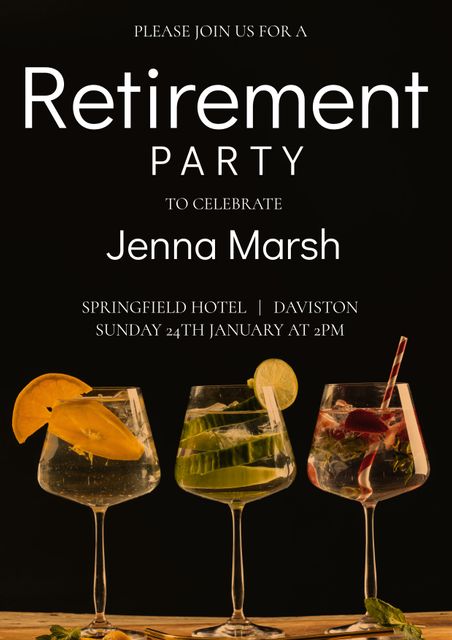 This image features an announcement for a retirement party, with three elegant cocktail glasses in focus. Useful for promoting elegant events, party invitations, or celebration advertisements. Ideal for adding a sophisticated touch to event-related materials.