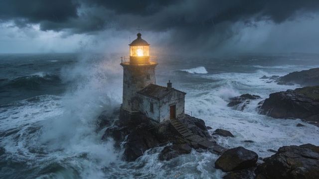 Stone lighthouse braving stormy sea, lantern glowing, waves crashing against rocky islet