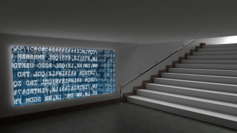 Digital Data Stream on Screen in Modern Office Staircase