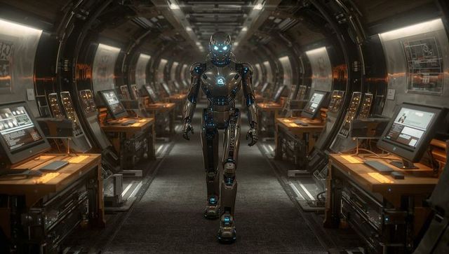 Futuristic Humanoid Robot Walking Through Spacecraft Corridor