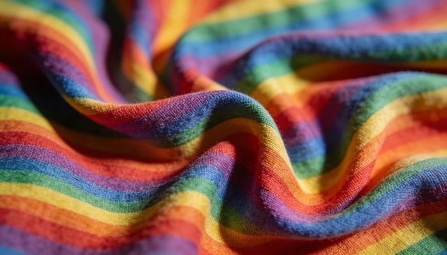 Macro closeup rainbow striped knit fabric showing soft folds and vibrant textile texture