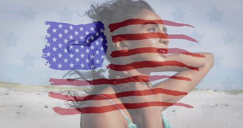 American Flag Overlay on Pensive Woman at Beach - Download Free Stock Images Pikwizard.com