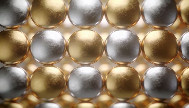 Alternating gold and silver metallic spheres forming luxurious reflective geometric pattern