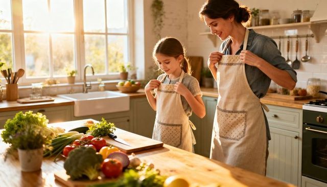 Mother and daughter tying aprons in sunlit farmhouse kitchen preparing fresh vegetables