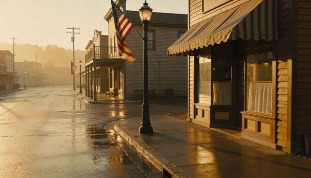 Historic main street glowing at golden hour, american flag, wet pavement reflecting light