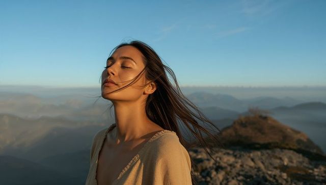 Tranquil Asian woman embracing mountain breeze on summit at golden hour