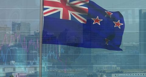 New zealand flag waving in urban financial district with stock charts