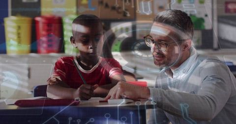 Teacher guiding student writing with augmented reality overlay for personalized learning