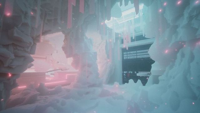 Futuristic glowing chamber with organic neon structures