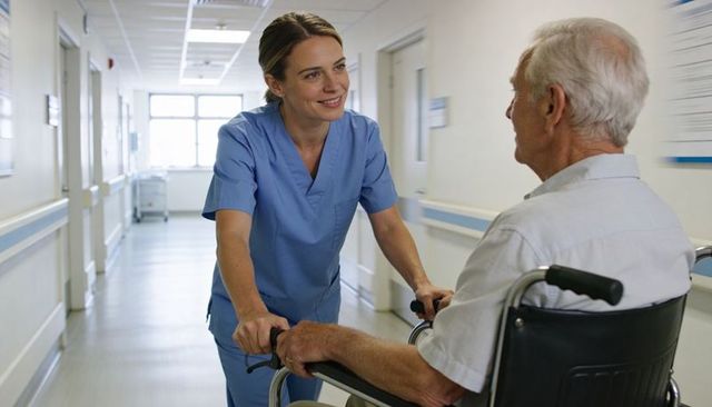 Nurse pushing elderly patient in wheelchair down hospital corridor, warm caring interaction