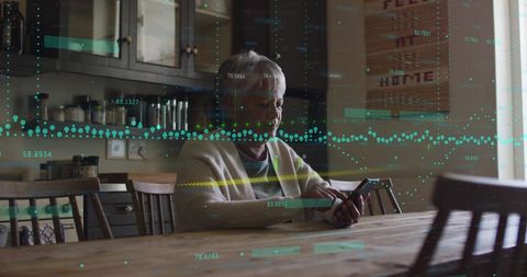 Senior Woman Using Smartphone with Digital Financial Interface Overlay