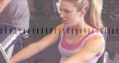 Female athlete working out on gym machine with measurement overlay for fitness tracking
