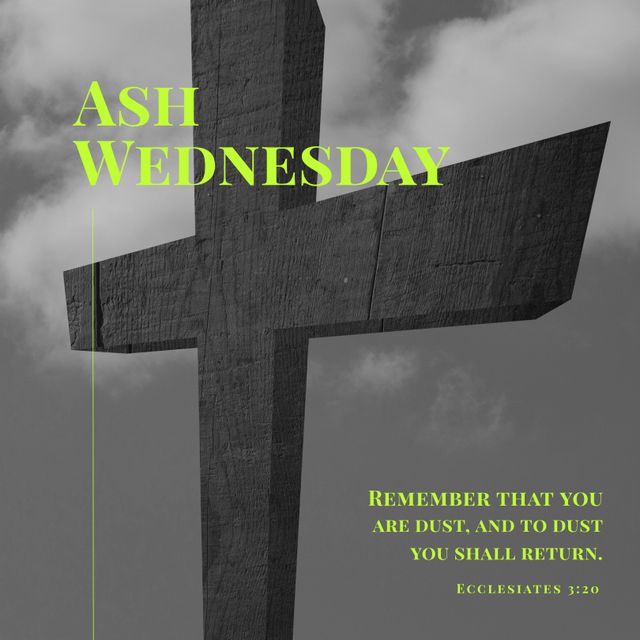 This powerful image features a rustic wooden cross set against a cloudy sky, with an inspirational quote from Ecclesiastes 3:20: 'Remember that you are dust, and to dust you shall return.' Ideal for use in church bulletins, religious blogs, faith-based social media posts, and spiritual reflection materials during the Lenten season.