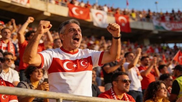 Passionate turkish football fan cheering with raised fists and red crescent flags in stadium crowd