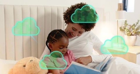 Mother reading bedtime story with daughter in cozy bed surrounded by cloud technology icons