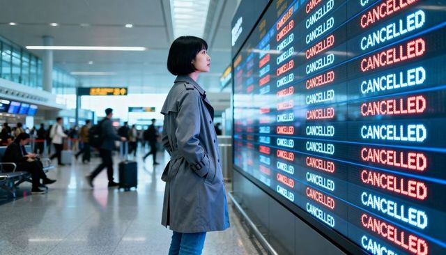 Solo traveler standing at airport departure board showing multiple cancelled flights