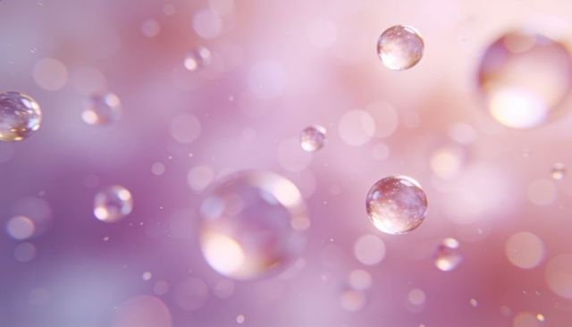 Floating glass droplets with pink bokeh and soft reflections for beauty background