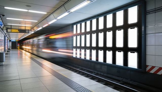 Moving Metro Train Passing Underground Platform with Blank Vertical Ad Lightbox Grid