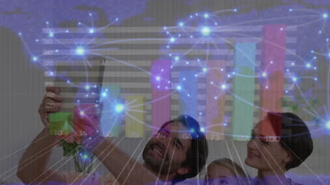 Family Using Tablet with Financial Data and Global Connectivity Overlay