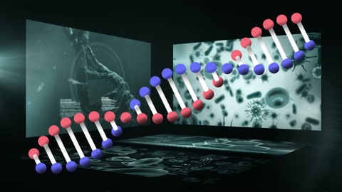 Rotating DNA Strand Over Scientific Data