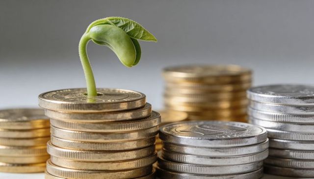 Green seedling sprouting from stacked coins symbolizing sustainable investment growth