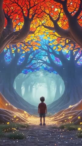 Entering Enchanted Forest Tunnel Vertical Video Boy Exploring Glowing Canopy Path
