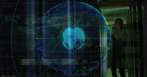 Holographic 3D Globe Projecting in Dark Demo Room with Woman Holding Smartphone, Augmented Reality I