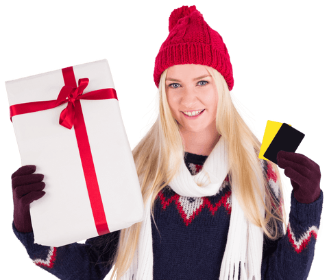 Happy Woman Holding Christmas Gift and Credit Card Transparent Background